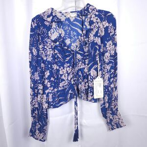 Band of Gypsies B.O.G. Collective Audrey Blue Floral Cropped Top Womens Small